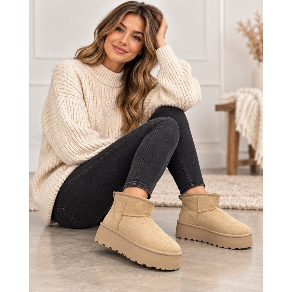 Cozzy Girl Women's Size 8 Beige 2" Platform Ankle Bootie, Faux Suede, Fur Lined